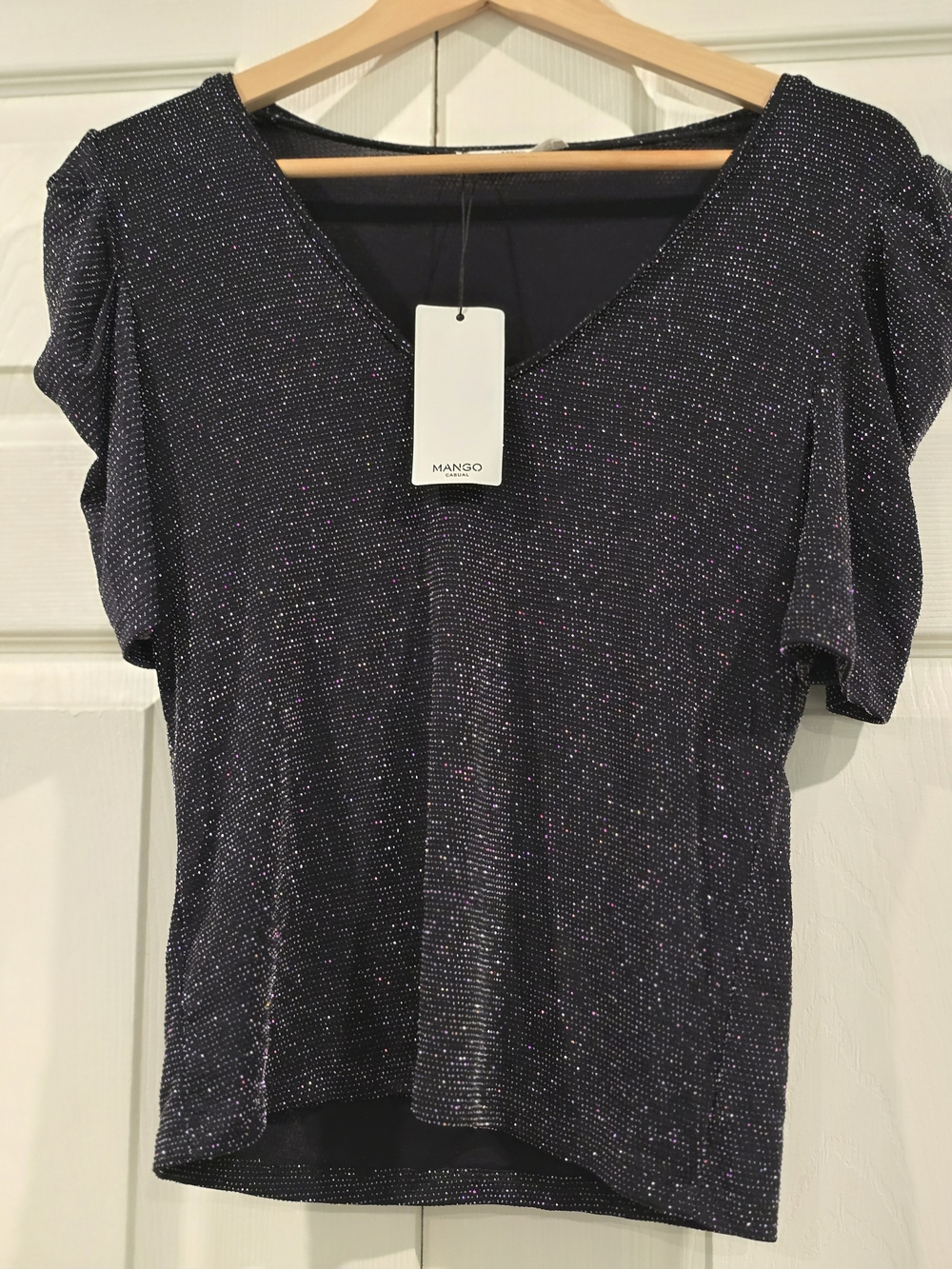 Mango Women's Black Shimmer V-Neck Top